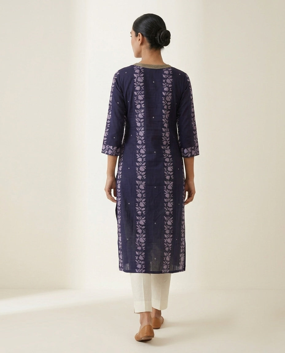 Navy Blue "Botanical Trail" Printed Cotton Kurta (Standalone)
