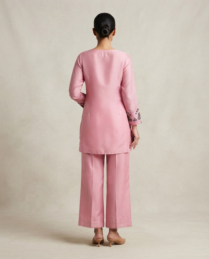 Blush Pink "Rosette Motif" Embroidered Cotton Kurta Pant Set