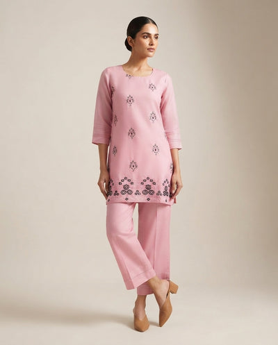Blush Pink "Rosette Motif" Embroidered Cotton Kurta Pant Set