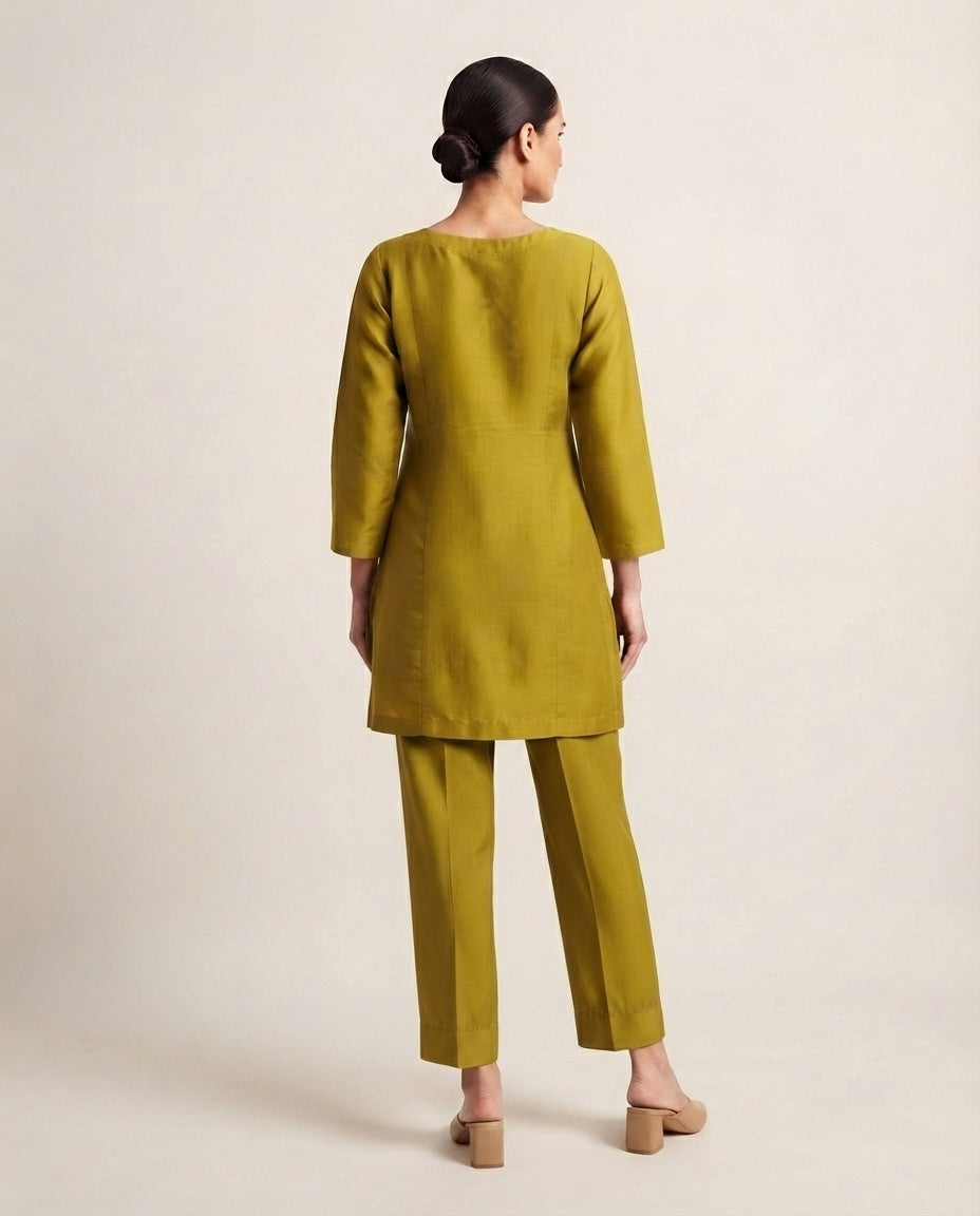 Mustard Green "Golden Olive" Embroidered  Kurta Pant Set