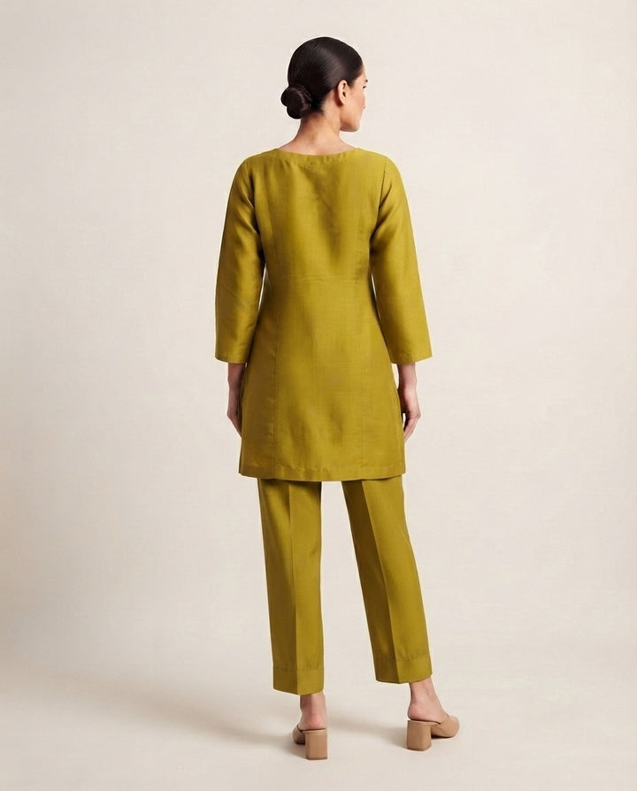 Mustard Green "Golden Olive" Embroidered  Kurta Pant Set