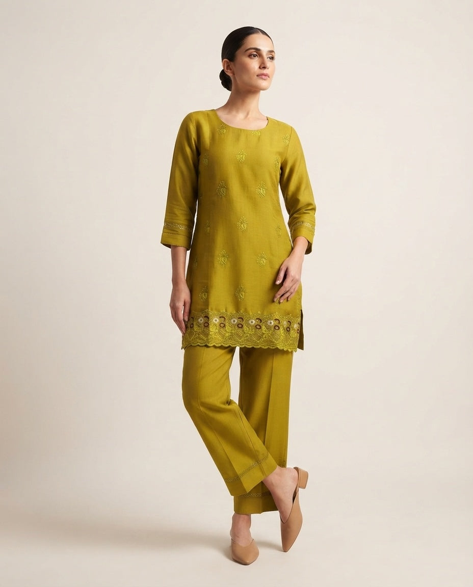 Mustard Green "Golden Olive" Embroidered  Kurta Pant Set