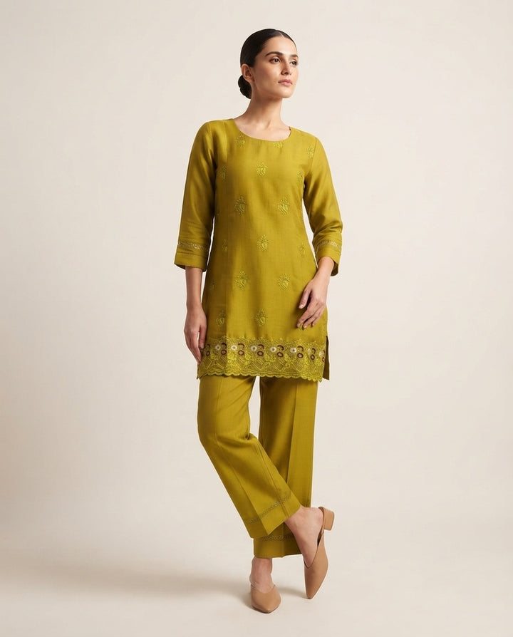 Mustard Green "Golden Olive" Embroidered  Kurta Pant Set