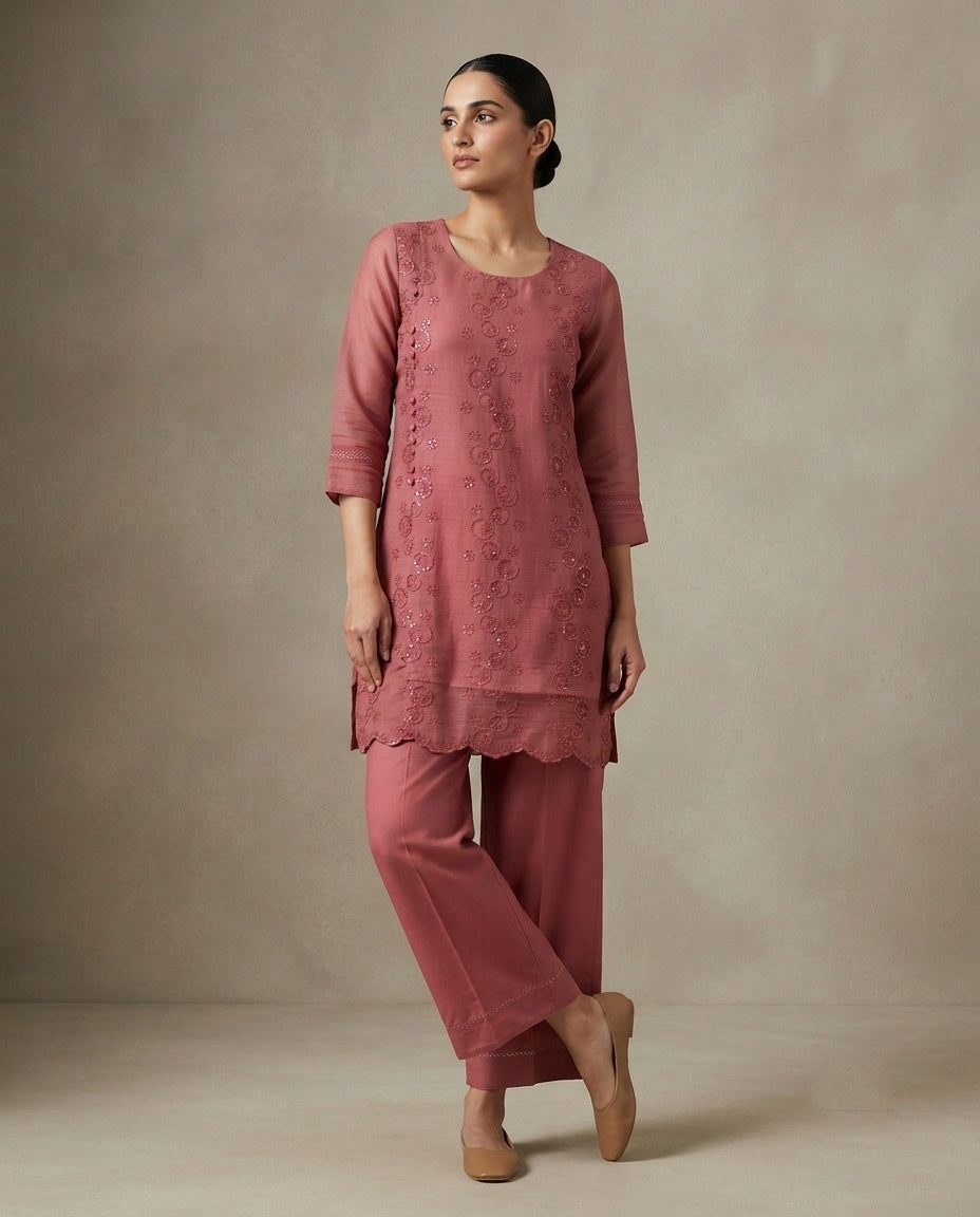 Dusty Rose "Circle Elegance" Embroidered Cotton Kurta Pant Set