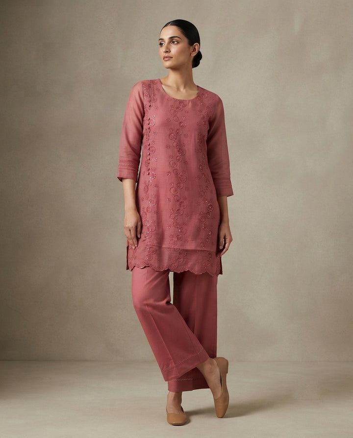 Dusty Rose "Circle Elegance" Embroidered Cotton Kurta Pant Set