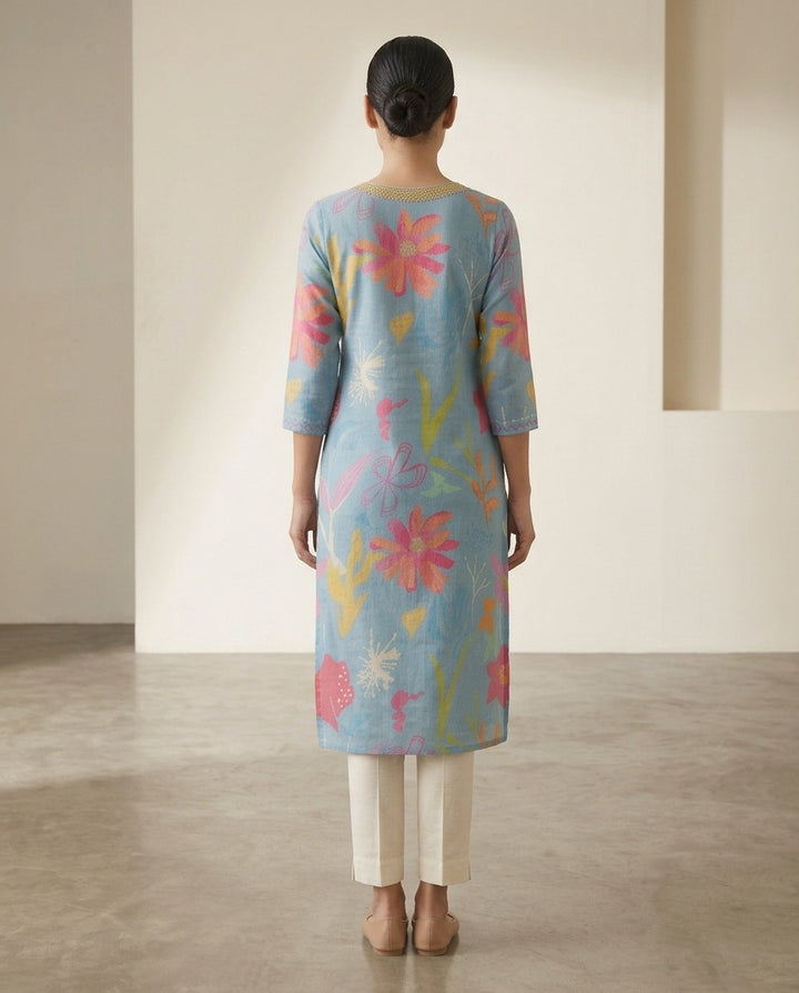Sky Blue "Meadow Breeze" Floral Print Cotton Kurta (Standalone)