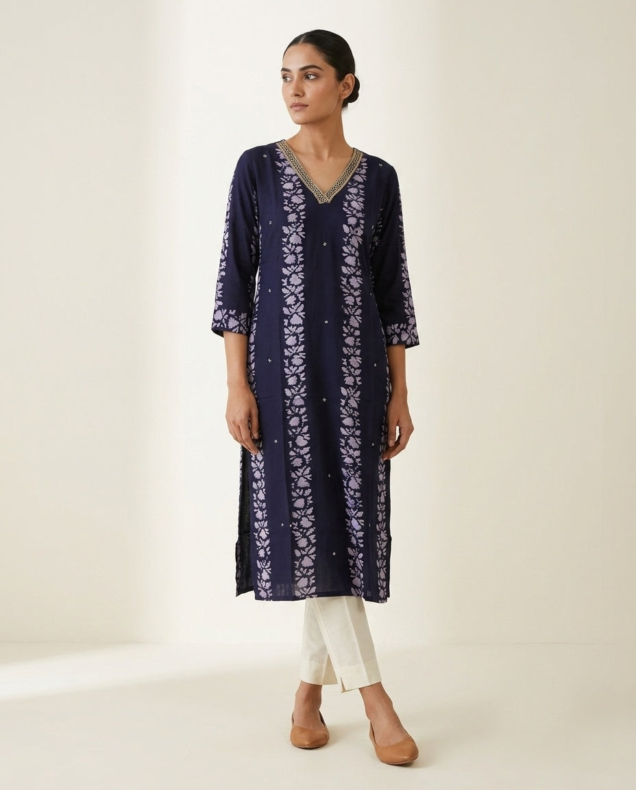 Navy Blue "Botanical Trail" Printed Cotton Kurta (Standalone)