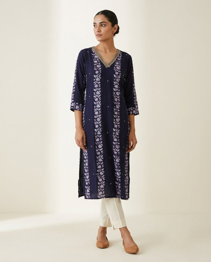 Navy Blue "Botanical Trail" Printed Cotton Kurta (Standalone)