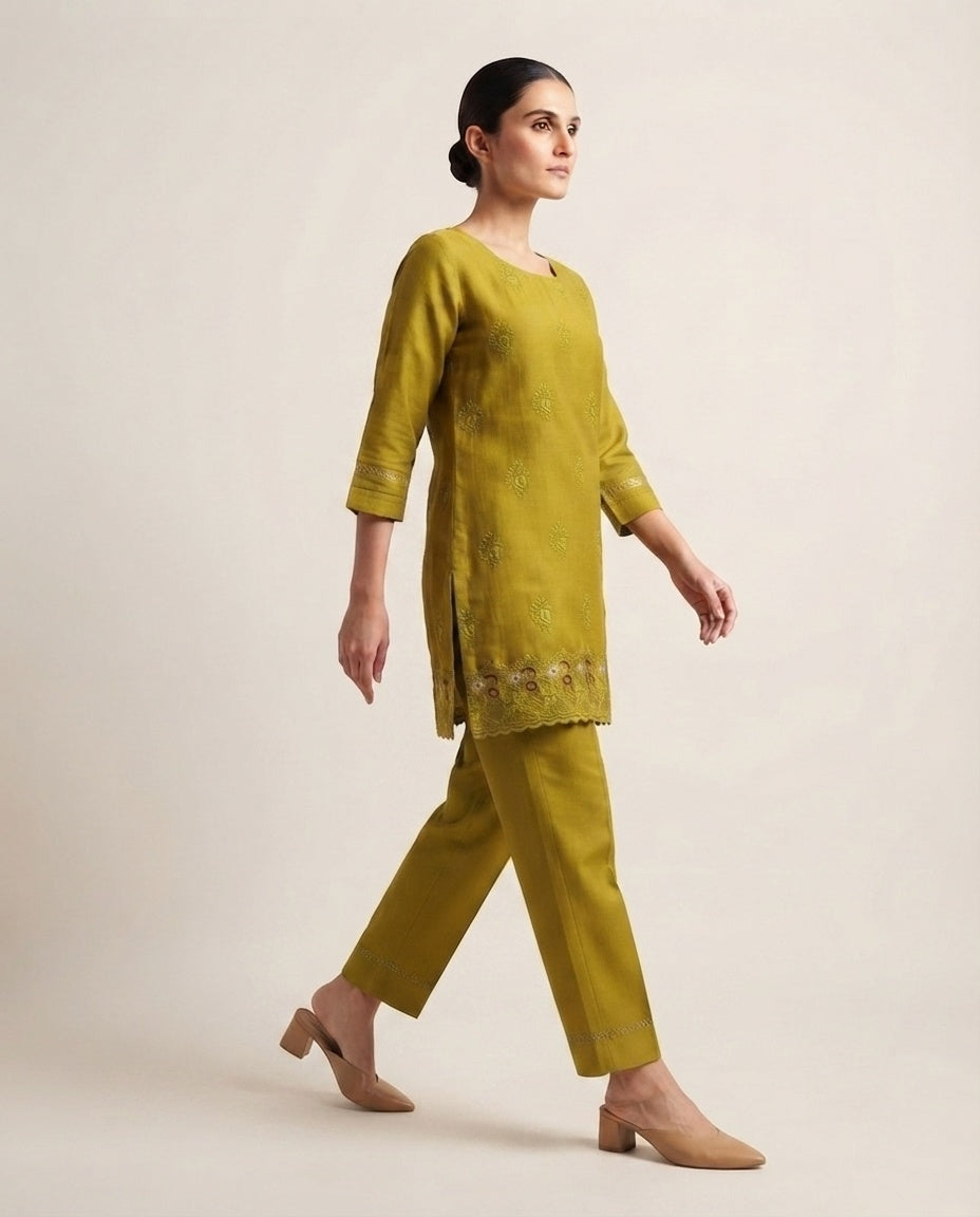 Mustard Green "Golden Olive" Embroidered  Kurta Pant Set