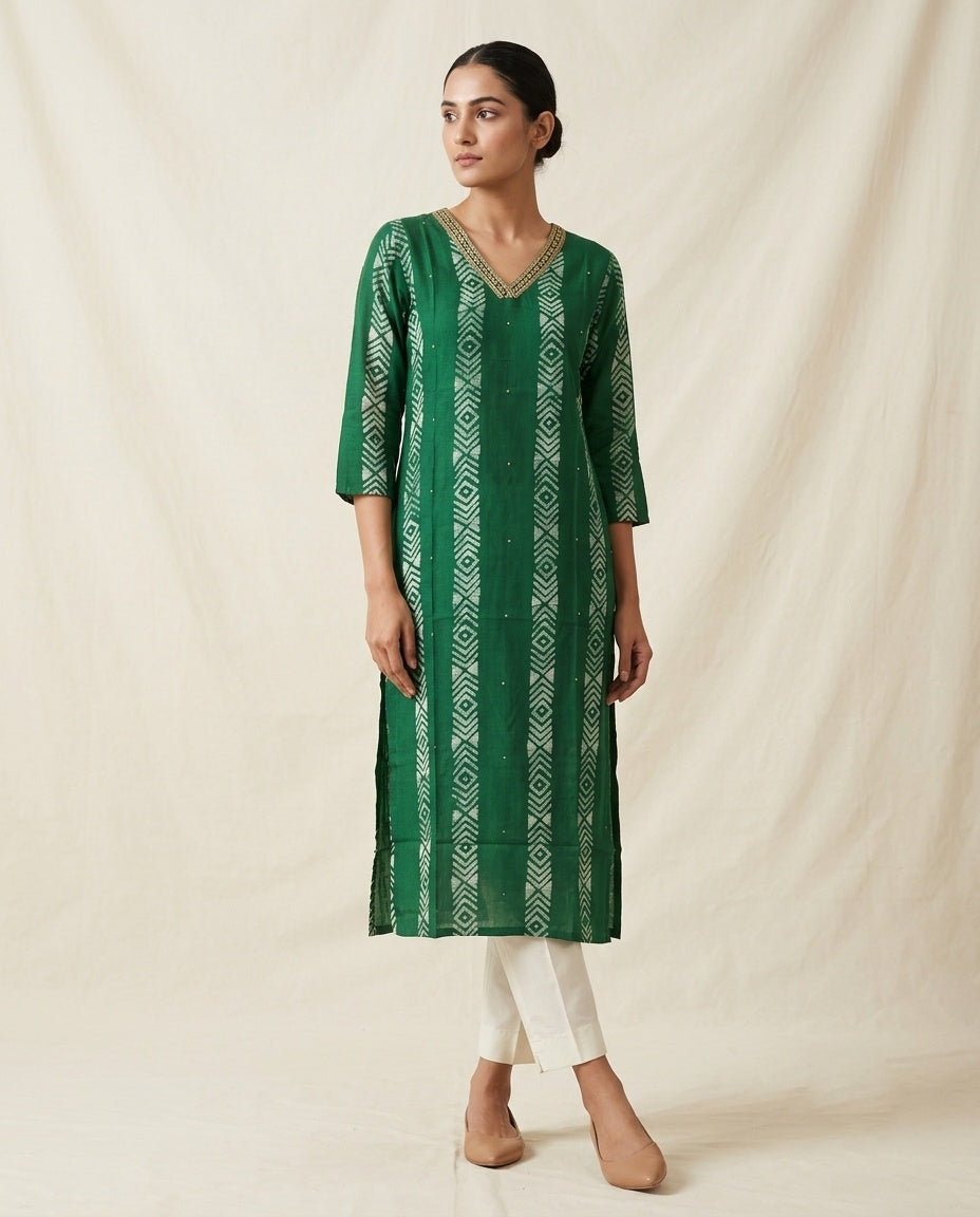 Emerald Green "Geometric Weave" Printed Cotton Kurta (Standalone)