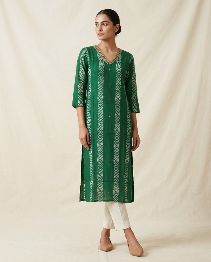 Emerald Green "Geometric Weave" Printed Cotton Kurta (Standalone)