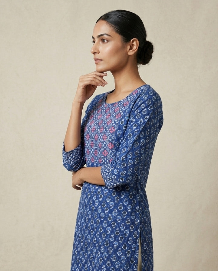 Indigo Blue "Royal Lattice" Printed &amp; Yoke-Embroidered Cotton Kurta &amp; Pant Set