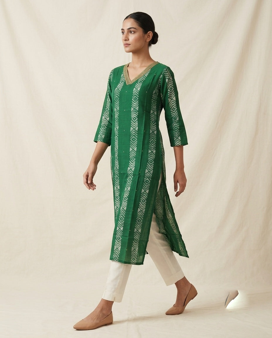 Emerald Green "Geometric Weave" Printed Cotton Kurta (Standalone)