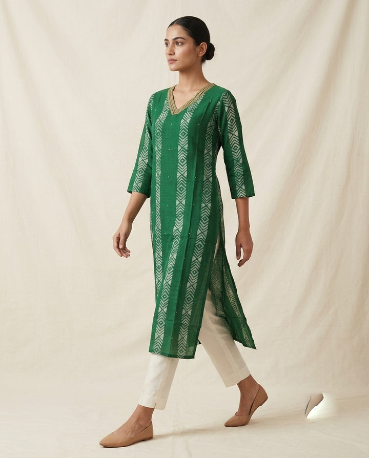 Emerald Green "Geometric Weave" Printed Cotton Kurta (Standalone)