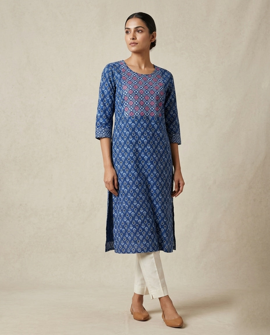 Indigo Blue "Royal Lattice" Printed &amp; Yoke-Embroidered Cotton Kurta &amp; Pant Set
