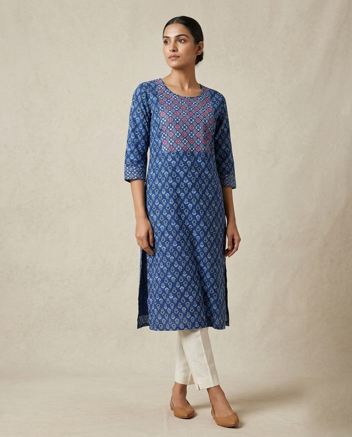 Indigo Blue "Royal Lattice" Printed &amp; Yoke-Embroidered Cotton Kurta &amp; Pant Set