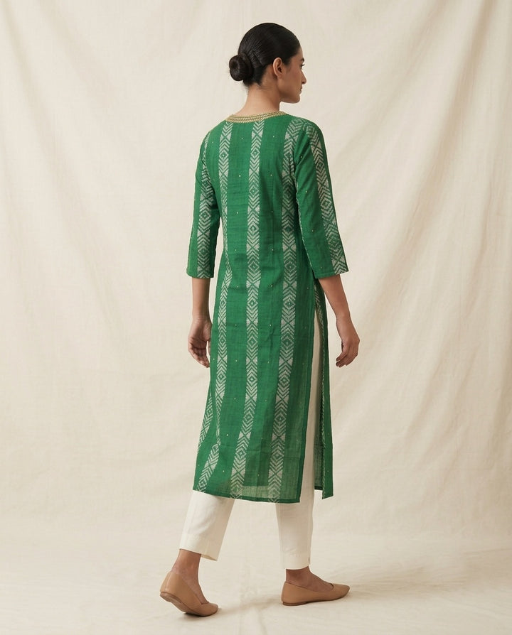Emerald Green "Geometric Weave" Printed Cotton Kurta (Standalone)