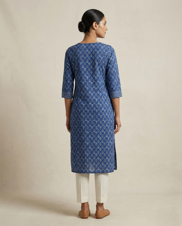 Indigo Blue "Royal Lattice" Printed &amp; Yoke-Embroidered Cotton Kurta &amp; Pant Set