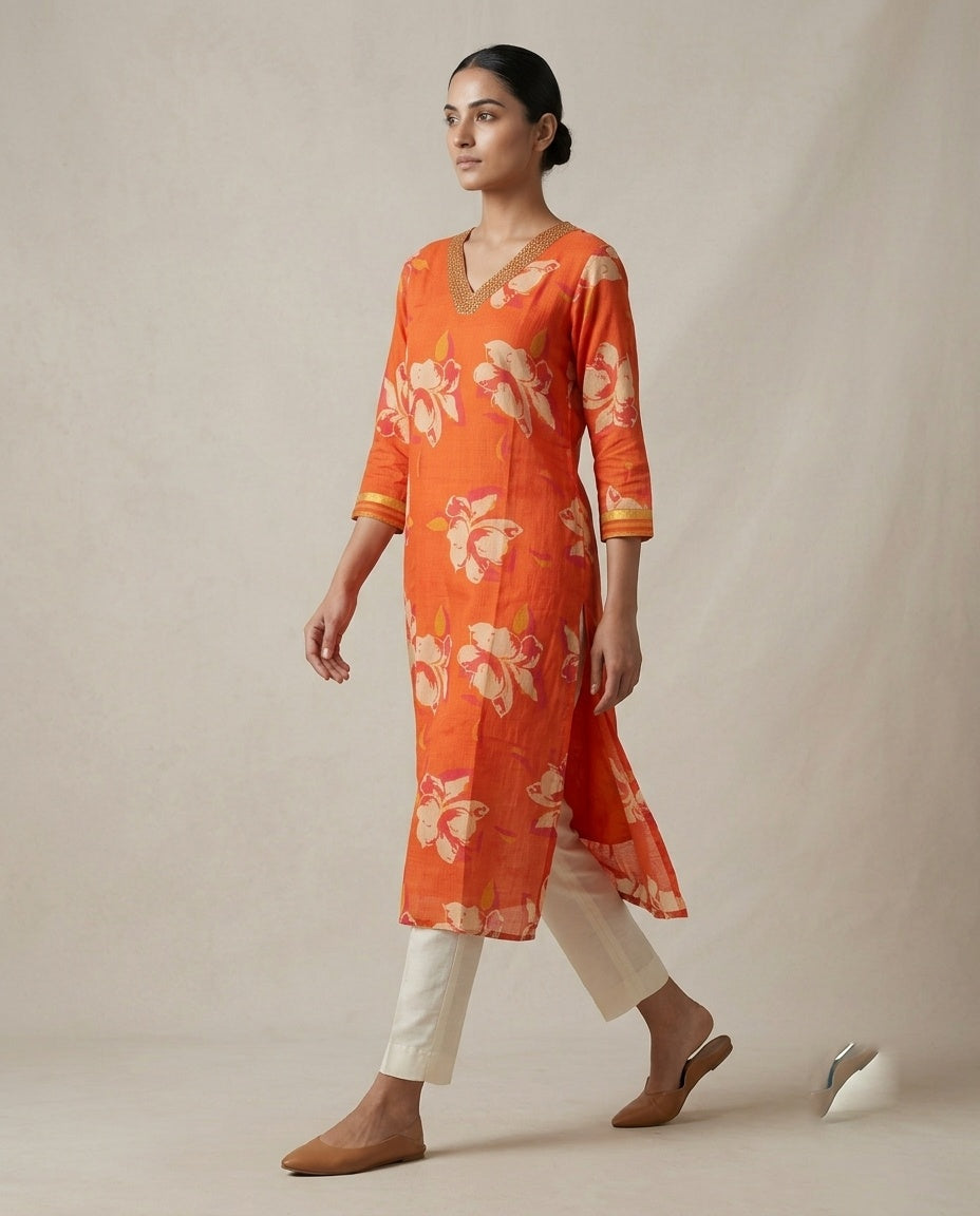 Orange "Vibrant Bloom" Floral Print Cotton Kurta &amp; Pant Set