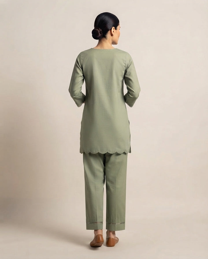Olive Green "Sage Lattice" Embroidered Kurta Pant Set