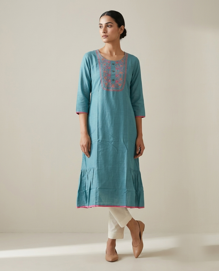 Teal Blue "Serene Meadow" Embroidered Cotton Kurta &amp; Pant Set