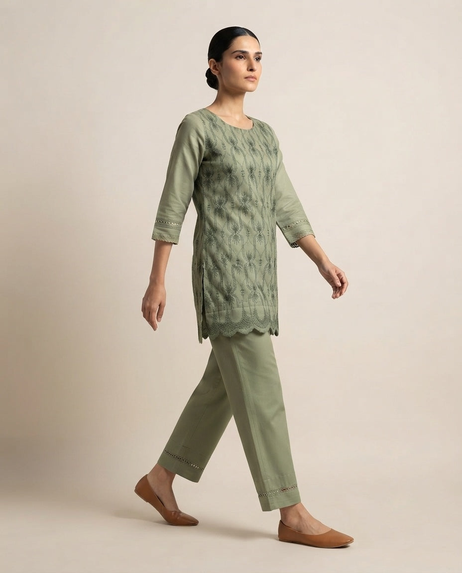 Olive Green "Sage Lattice" Embroidered Kurta Pant Set