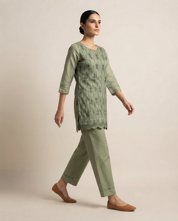 Olive Green "Sage Lattice" Embroidered Kurta Pant Set
