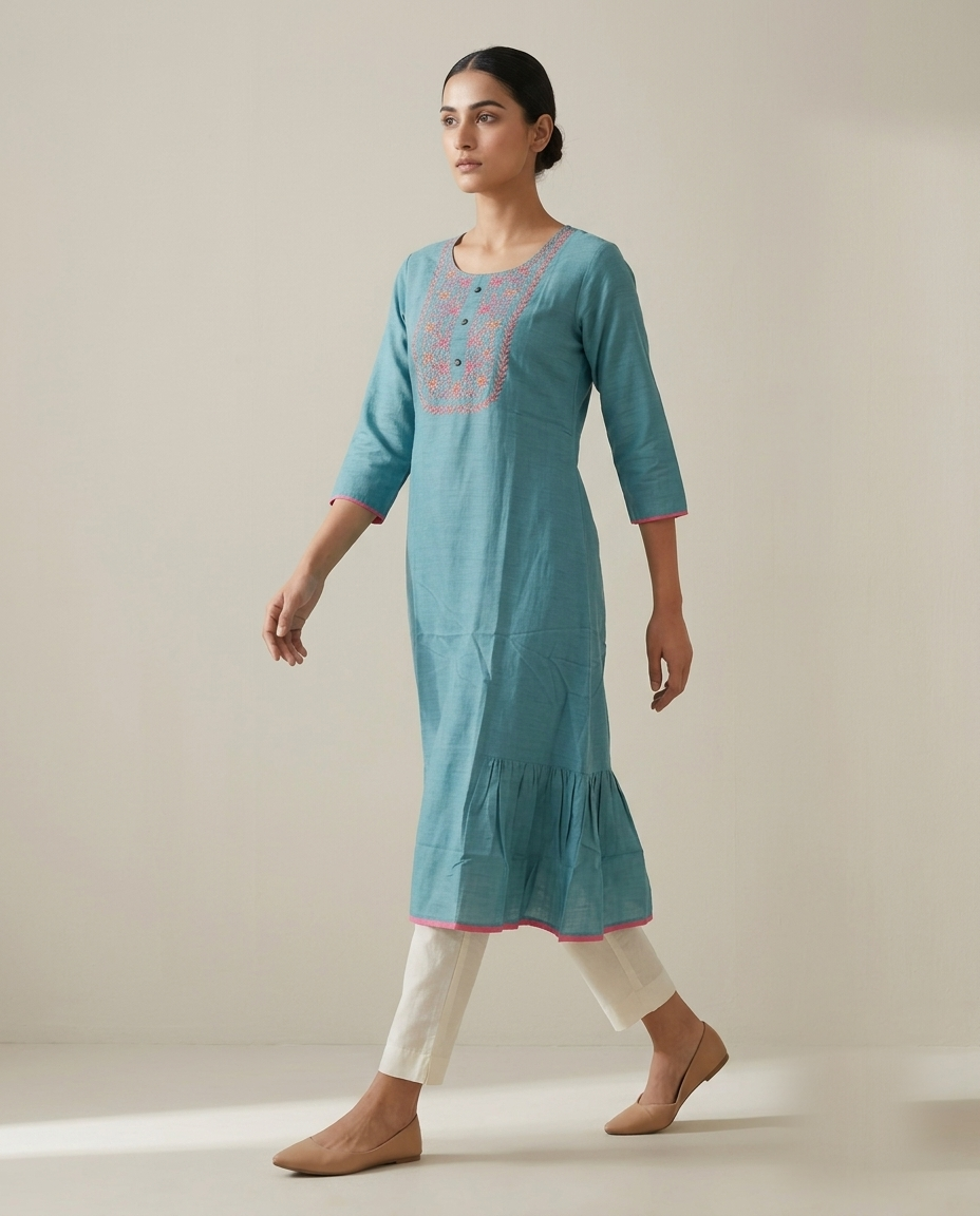 Teal Blue "Serene Meadow" Embroidered Cotton Kurta &amp; Pant Set