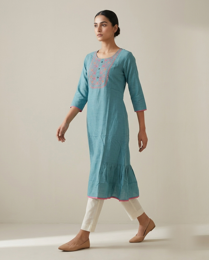 Teal Blue "Serene Meadow" Embroidered Cotton Kurta &amp; Pant Set