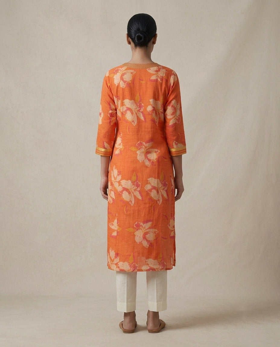 Orange "Vibrant Bloom" Floral Print Cotton Kurta &amp; Pant Set