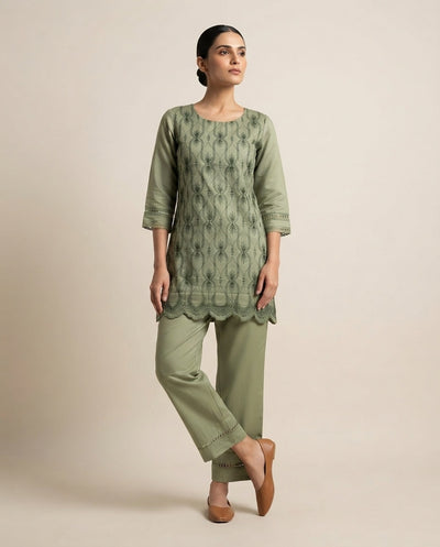 Olive Green "Sage Lattice" Embroidered Kurta Pant Set