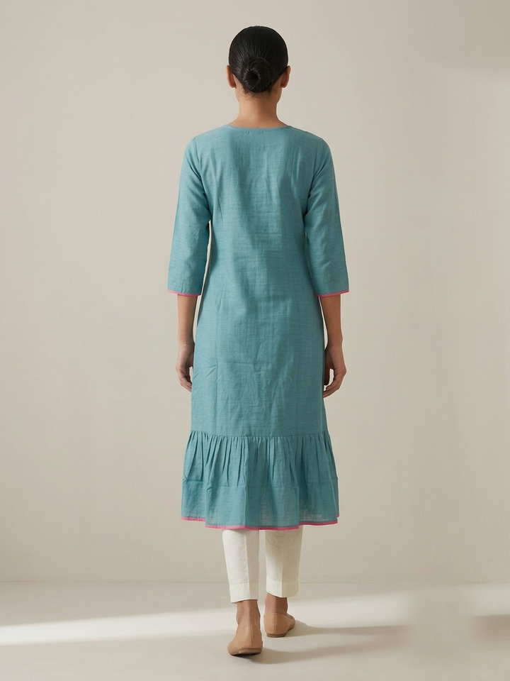 Teal Blue "Serene Meadow" Embroidered Cotton Kurta &amp; Pant Set