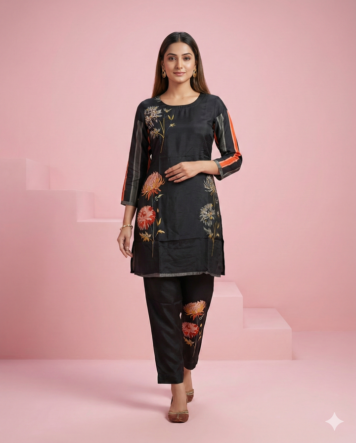 Black Floral Printed Muslin Tunic Co-ord Set