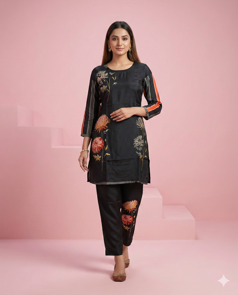 Black Floral Printed Muslin Tunic Co-ord Set