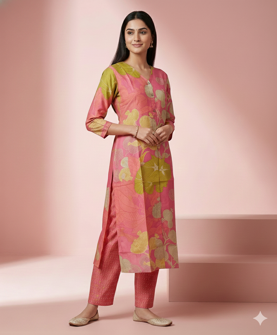 Pink &amp; Lime Floral Printed Modal Chanderi Straight Kurti
