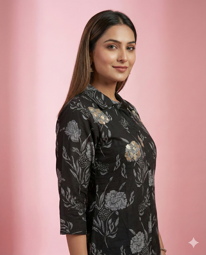 Black Floral Printed Maslin Tunic Co-ord Set