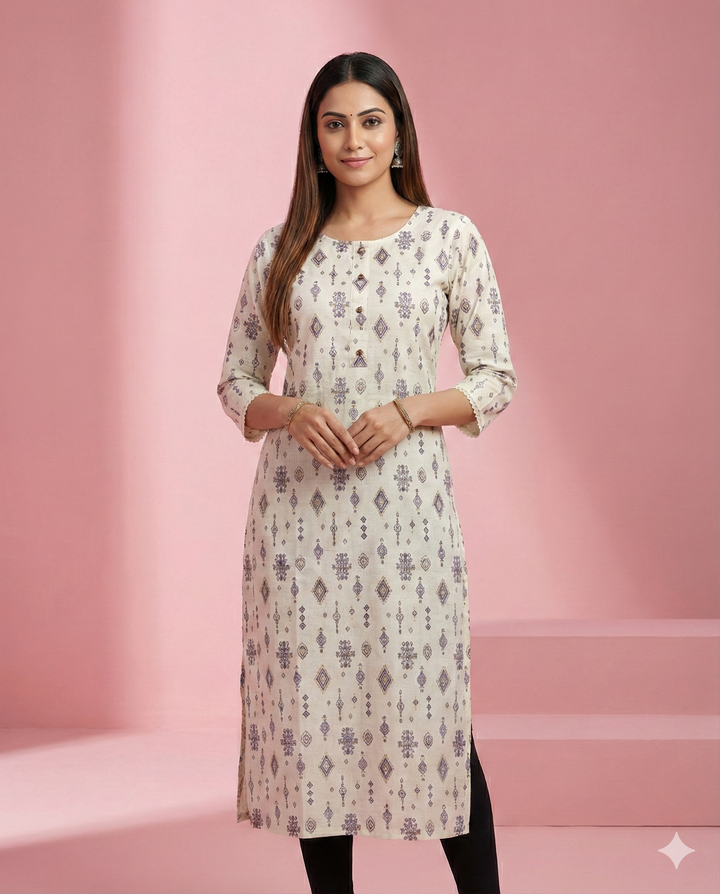 Off White Geometric Printed Flex Linen Kurti