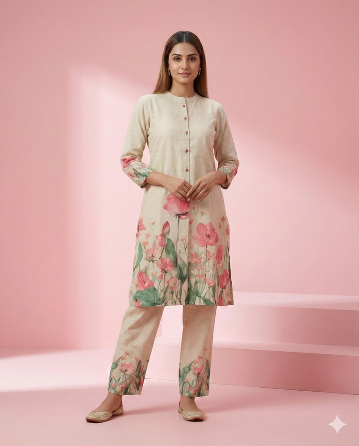 Cream Floral Printed Flex Co-ord Set