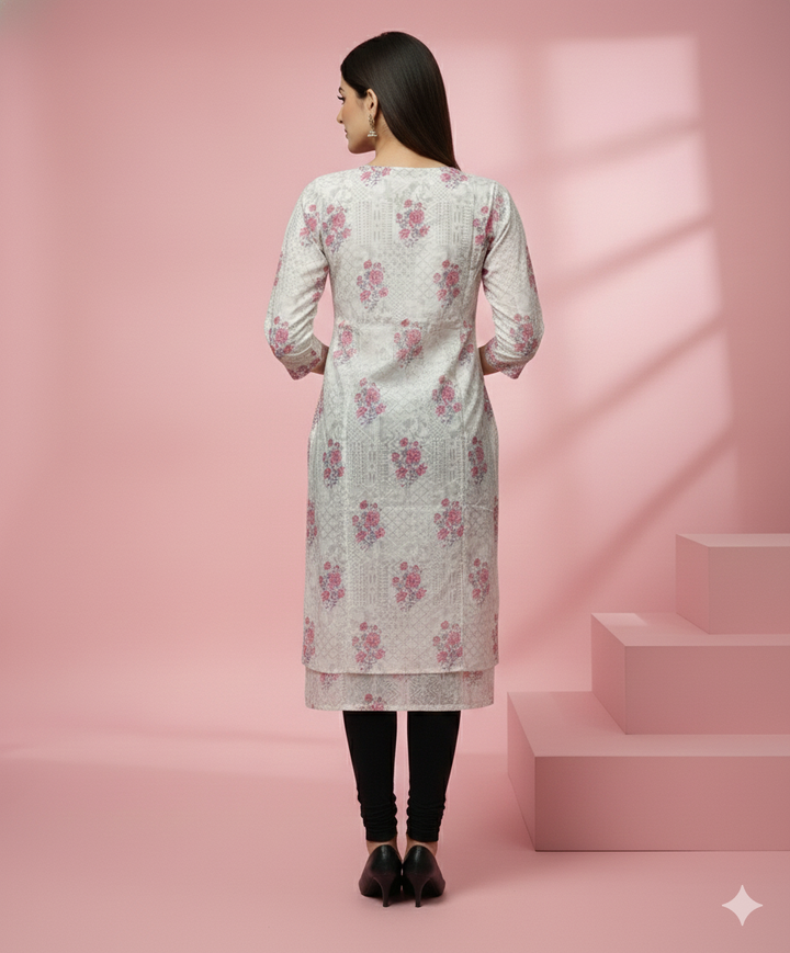 Off White Floral Printed Cotton Dobby Kurti