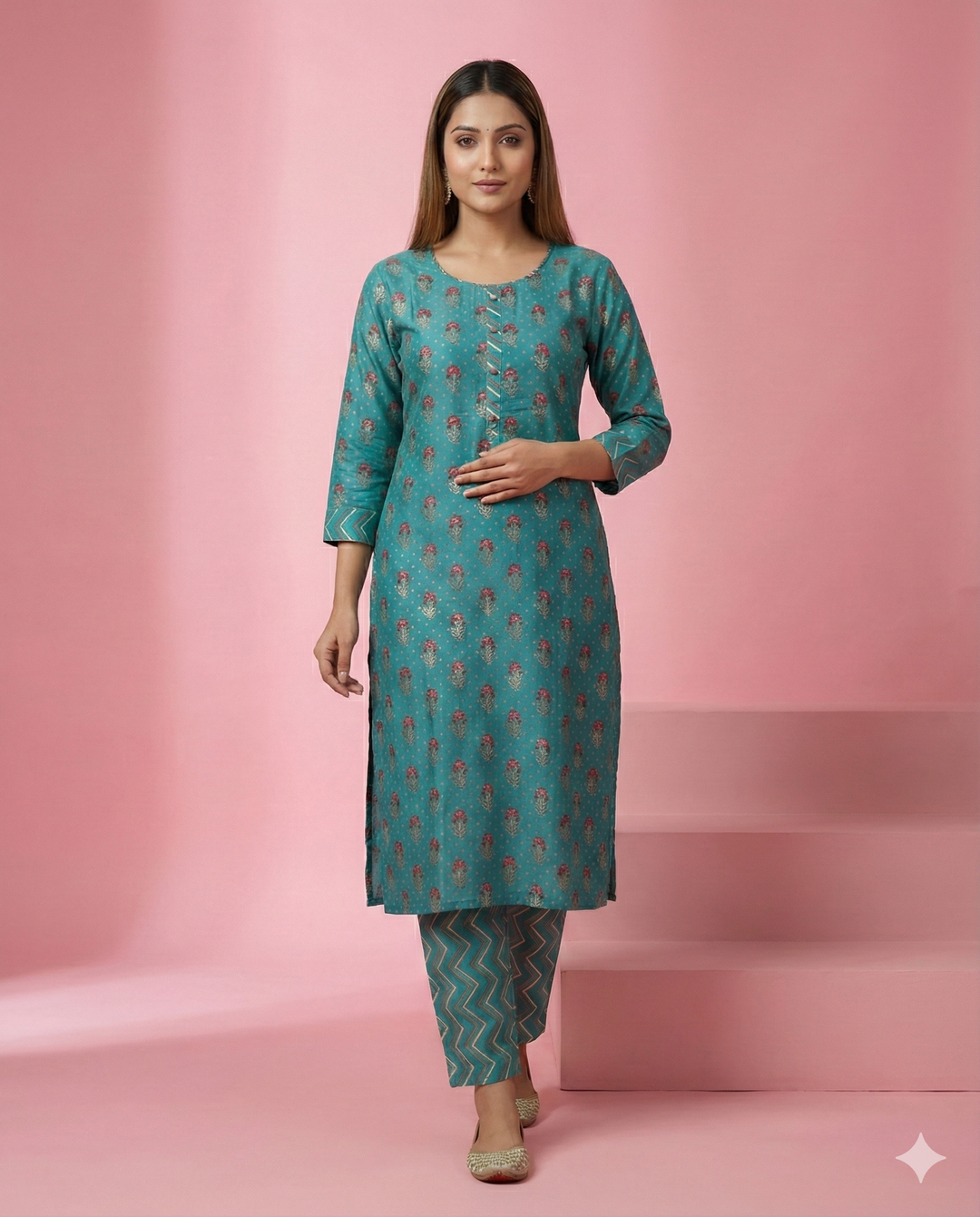 Teal Blue Bandhani Printed Muslin Straight Kurti