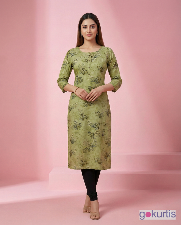 Olive Green Floral Printed Rayon Flair Kurti