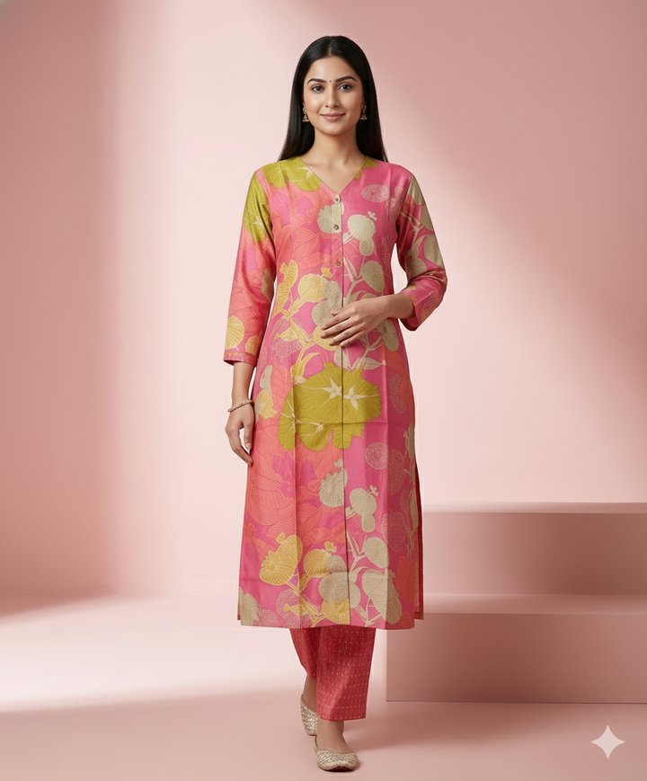Pink &amp; Lime Floral Printed Modal Chanderi Straight Kurti