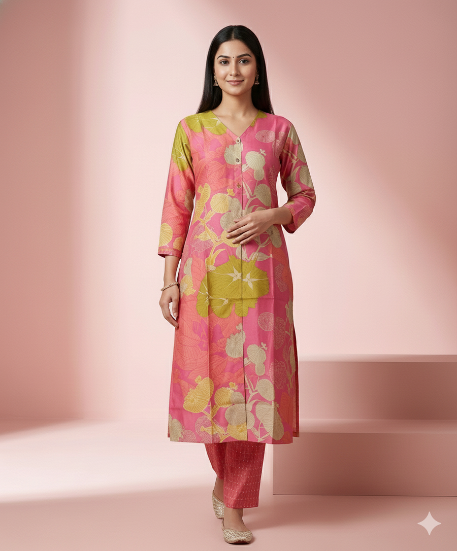 Pink & Lime Floral Printed Modal Chanderi Straight Kurti