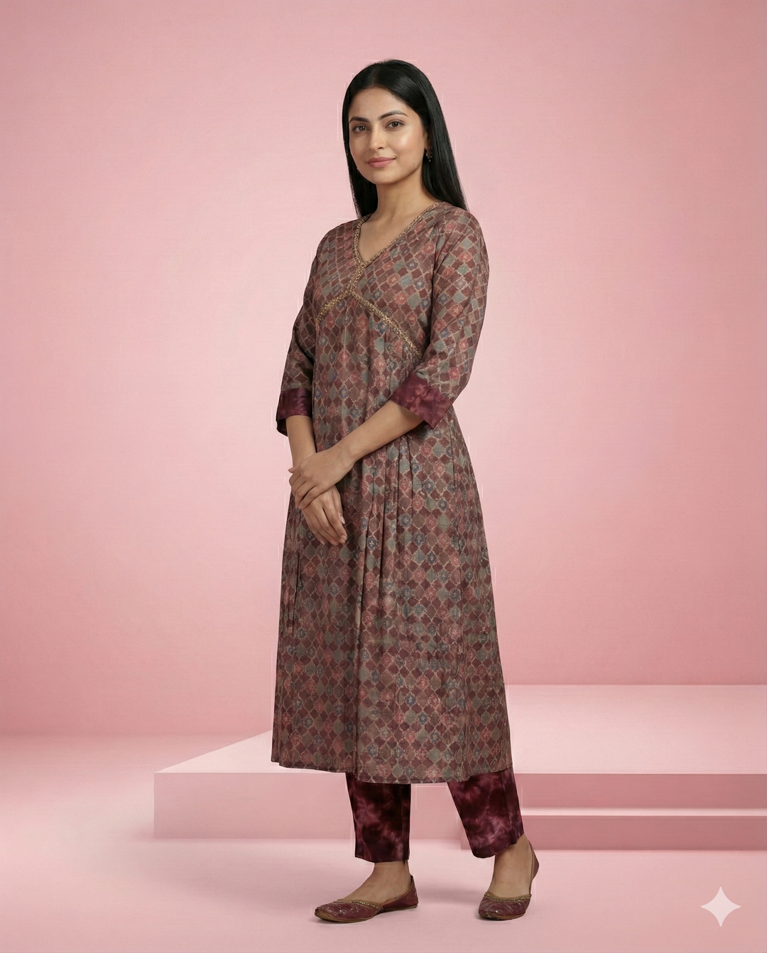 Onion Pink Geometric Printed Modal Chanderi Kurti