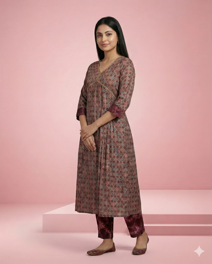 Onion Pink Geometric Printed Modal Chanderi Kurti