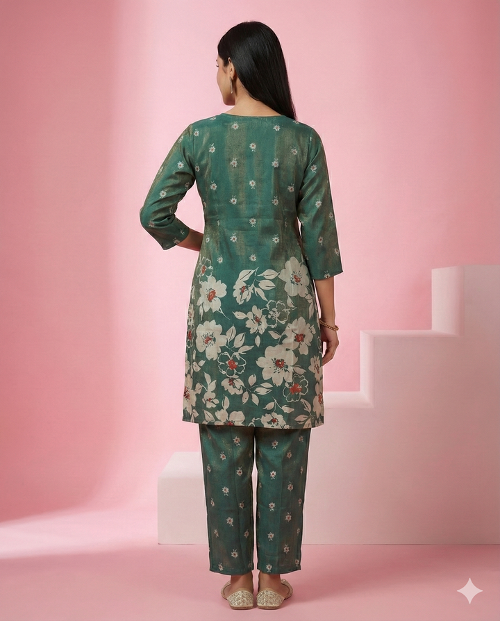 Bottle Green Floral Printed Shimmer Chanderi Co-ord Set