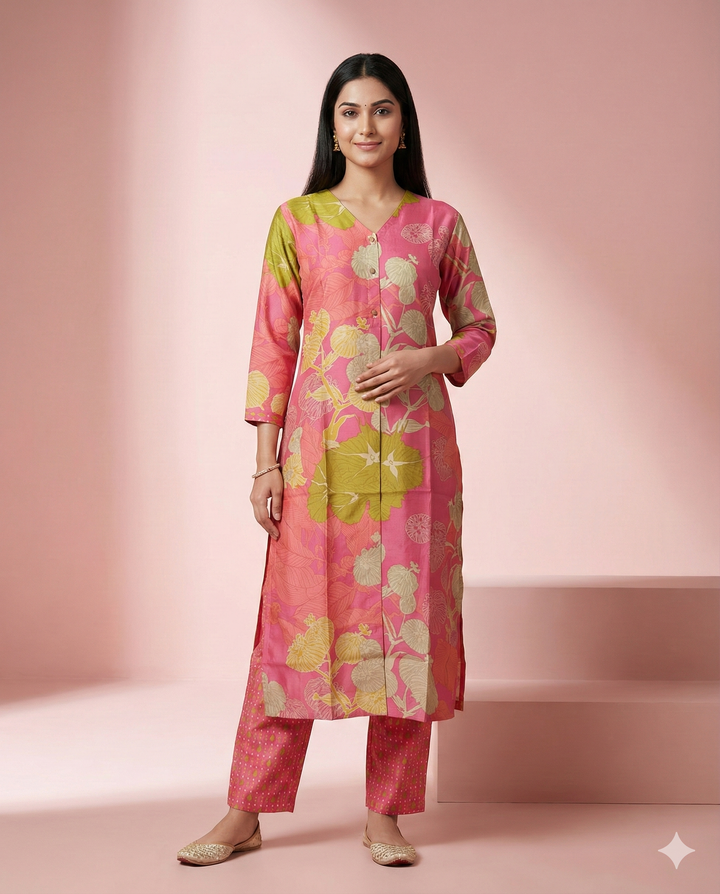 Pink &amp; Lime Floral Printed Modal Chanderi Straight Kurti