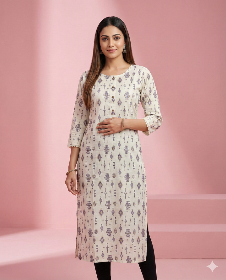 Off White Geometric Printed Flex Linen Kurti