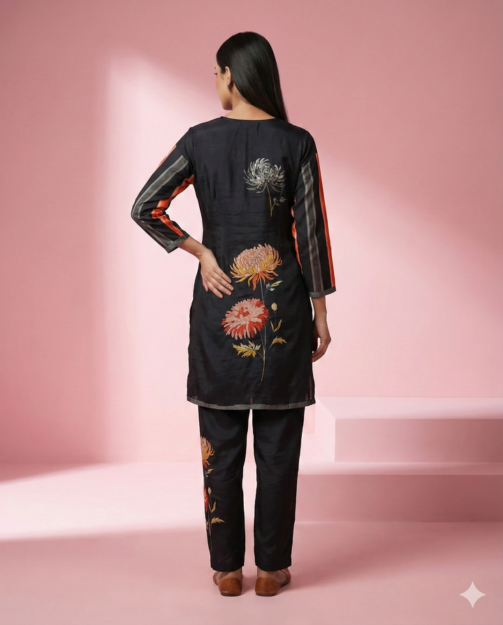 Black Floral Printed Muslin Tunic Co-ord Set