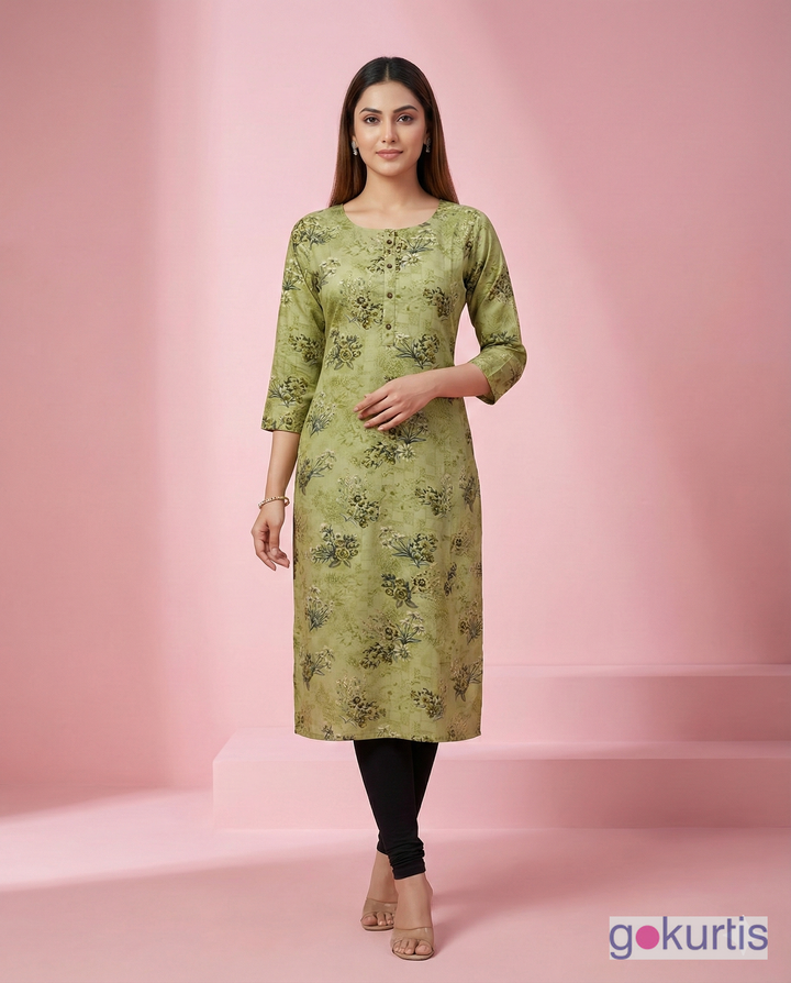 Olive Green Floral Printed Rayon Flair Kurti